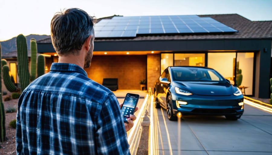 Homeowner with smartphone stands by a modern Arizona house fitted with rooftop solar panels at golden hour, with subtle glowing light trails suggesting AI matching and saguaro-dotted desert mountains in the background.