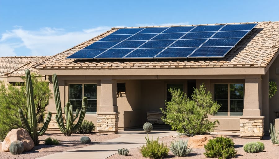 Arizona home with solar panels installed on red tile roof under clear blue sky