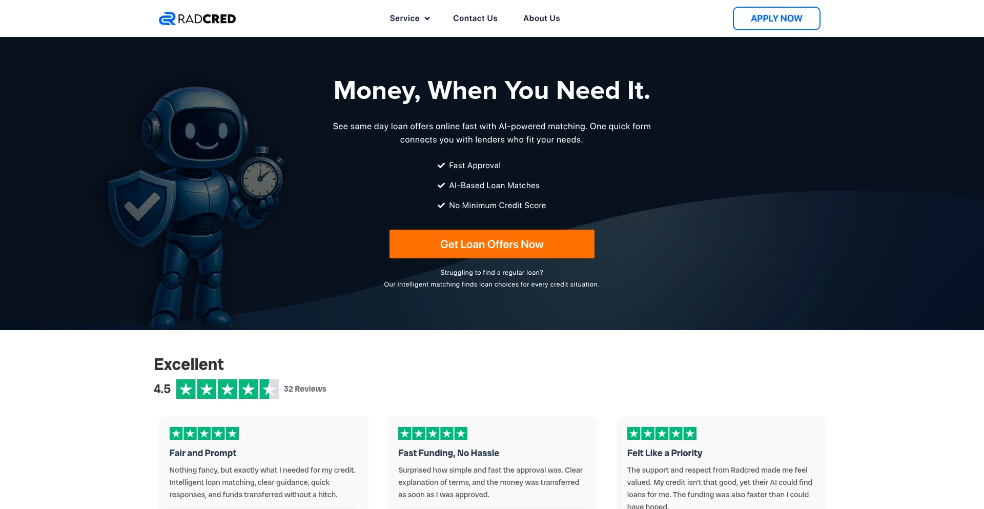 RadCred loan service landing page with AI robot mascot and hero section promoting same-day loans with fast approval, AI-based matching, and no minimum credit score. Features orange CTA button and customer reviews showing 4.5-star Trustpilot rating