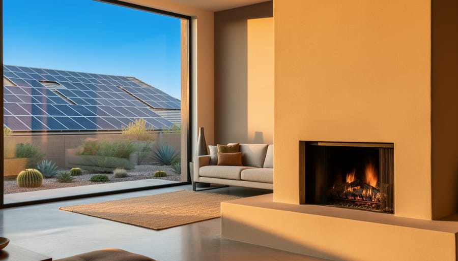 Unlit fireplace in a modern Arizona living room with rooftop solar panels visible through a large window at golden hour, minimalist furnishings and desert landscaping in the background.