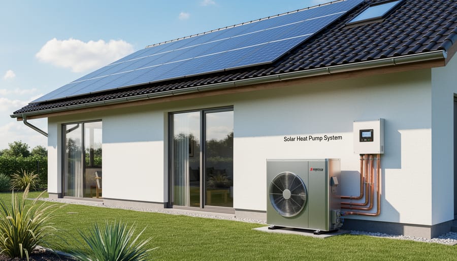 Modern heat pump unit with solar panels on Arizona residential rooftop