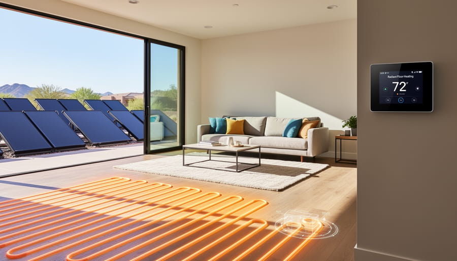 Radiant floor heating installation showing copper tubing in modern Arizona home