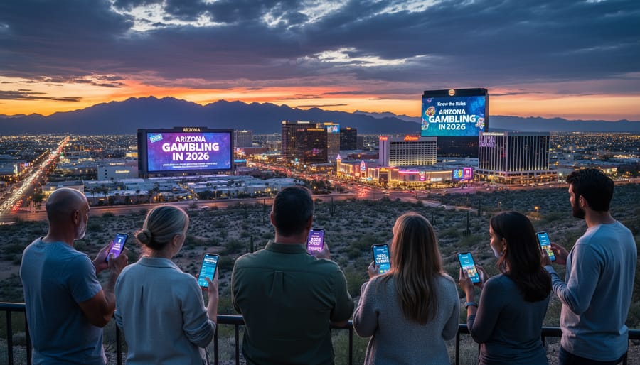 Desert night cityscape in Arizona with distant casino-like lights