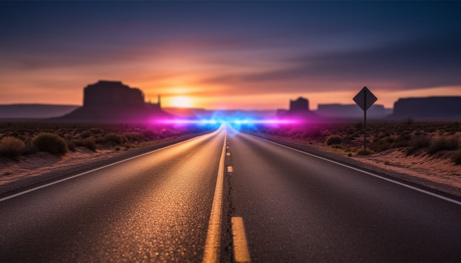 An eye-level view of a desert road in Arizona at sunset with a distant neon-like glow suggesting risky offshore gambling beyond state oversight.